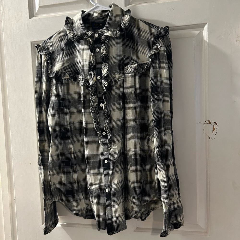 Polo by Ralph Lauren Black and White Plaid Ruffle Button-Up Top